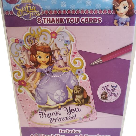 Disney Princess Sofia the First Thank You Cards Envelopes Stickers 8 Pack Cards - Picture 2 of 6
